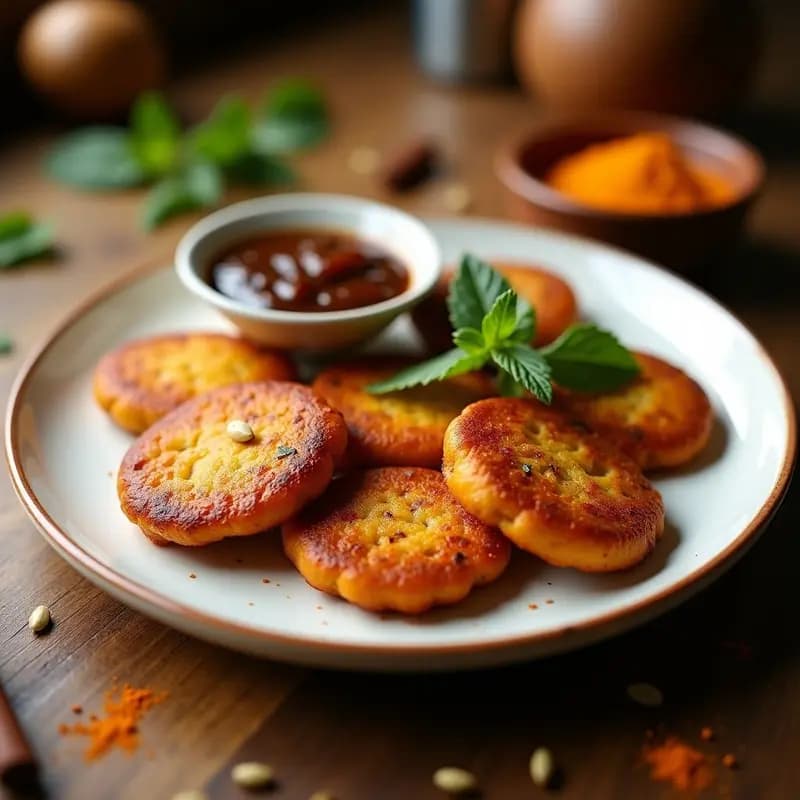 Plato de cerámica blanca con seis Aloo Tikki doradas y crujientes, servidas con chutney de tamarindo y mentas en un bol pequeño a un lado. Decoración con hojas de menta fresca y un fondo rústico con especias indias.
