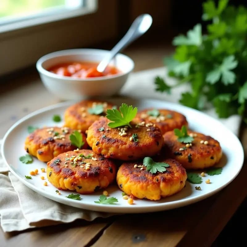 Plato de aloo tikki doradas y crujientes en airfryer, servidas con salsa de tamarindo y cilantro fresco, acompañadas de rodajas de cebolla morada sobre fondo rústico de madera.