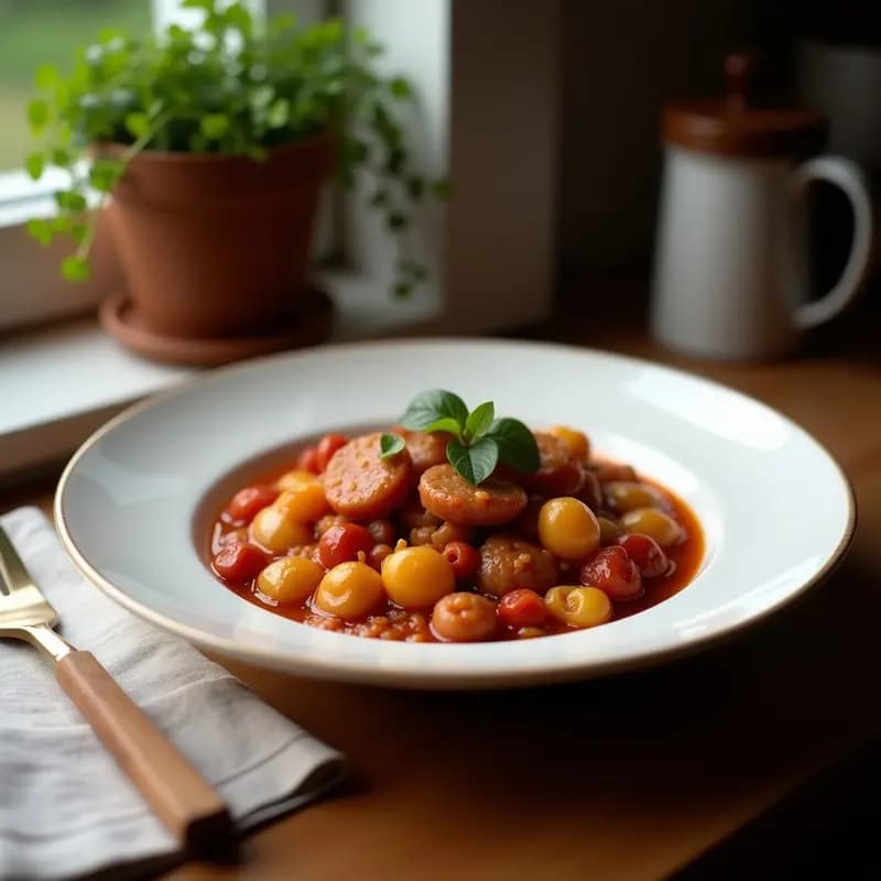 Olla de barro humeante con alubias de Astorga con compango, rodajas de chorizo, morcilla y tocino en un caldo espeso, servidas en un plato hondo de cerámica rústica sobre fondo de madera oscura.