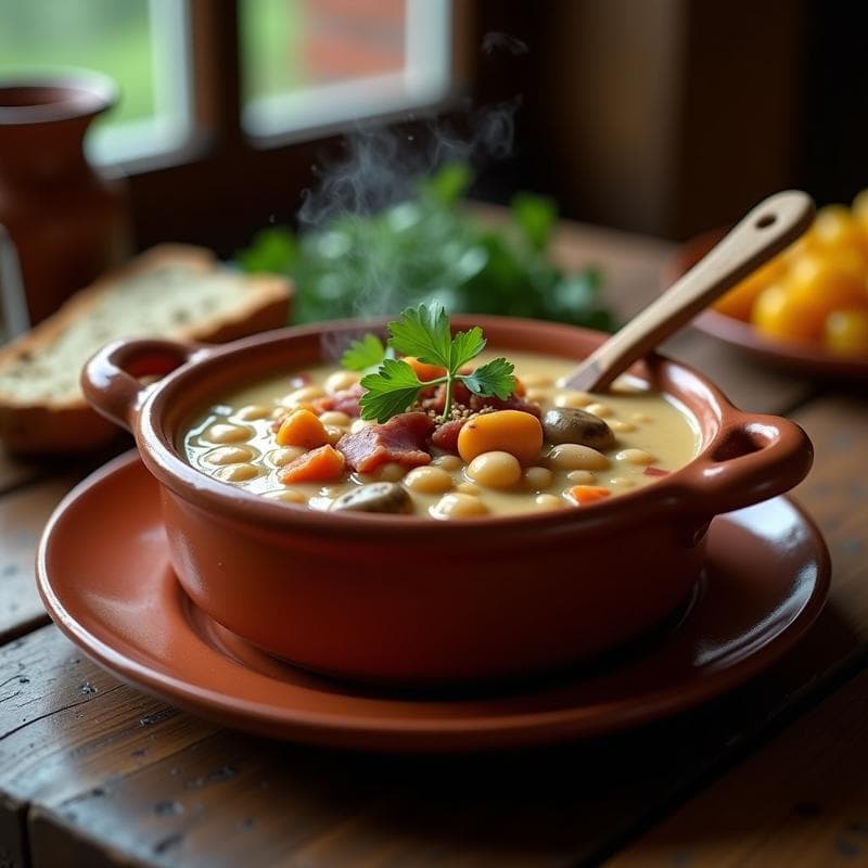 Cazuela de barro con alubias blancas estofadas, morillas rehidratadas y taquitos de jamón serrano. Plato tradicional español humeante, servido con cuchara de madera.