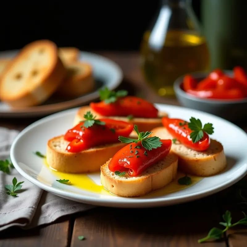 Aperitivo vasco gourmet con rebanadas de pan de Crystal sin gluten tostado, cubiertas con tiras de pimientos del piquillo asados y filetes de anchoas en aceite, decorado con perejil fresco y un chorrito de aceite de oliva virgen extra.