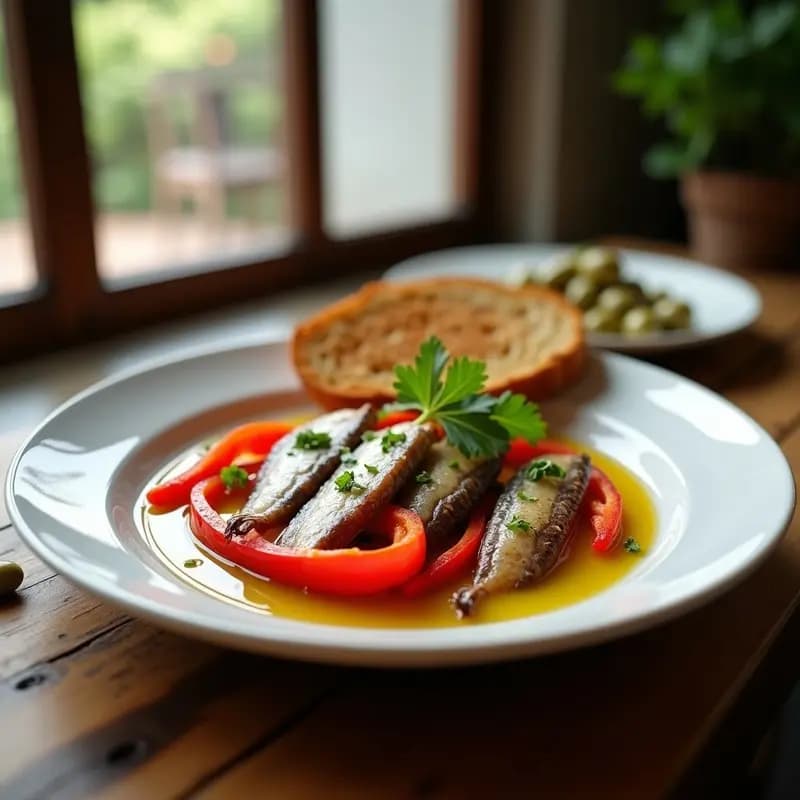 Plato blanco rústico con filetes de anchoas en vinagre rodeados de tiras de pimientos asados rojos, decorados con perejil fresco y un hilo de aceite de oliva, aperitivo vasco tradicional.