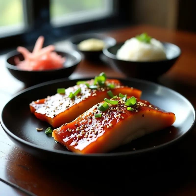Filetes de anguila a la parrilla con glaseado brillante de salsa teriyaki, decorados con semillas de sésamo y cebolla verde picada, servidos sobre un plato de cerámica negra con arroz japonés al vapor y encurtidos de daikon.