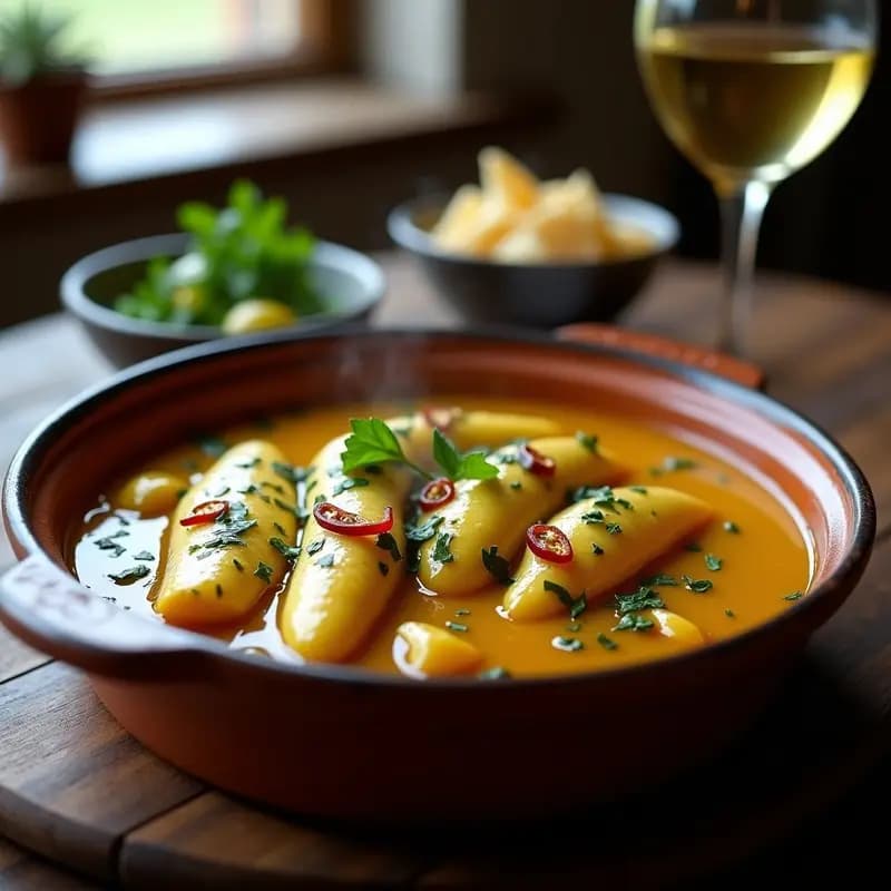Cazuela de barro humeante con angulas a la bilbaína con guindilla, ajo dorado y perejil fresco, servidas como tapa vasca gourmet.