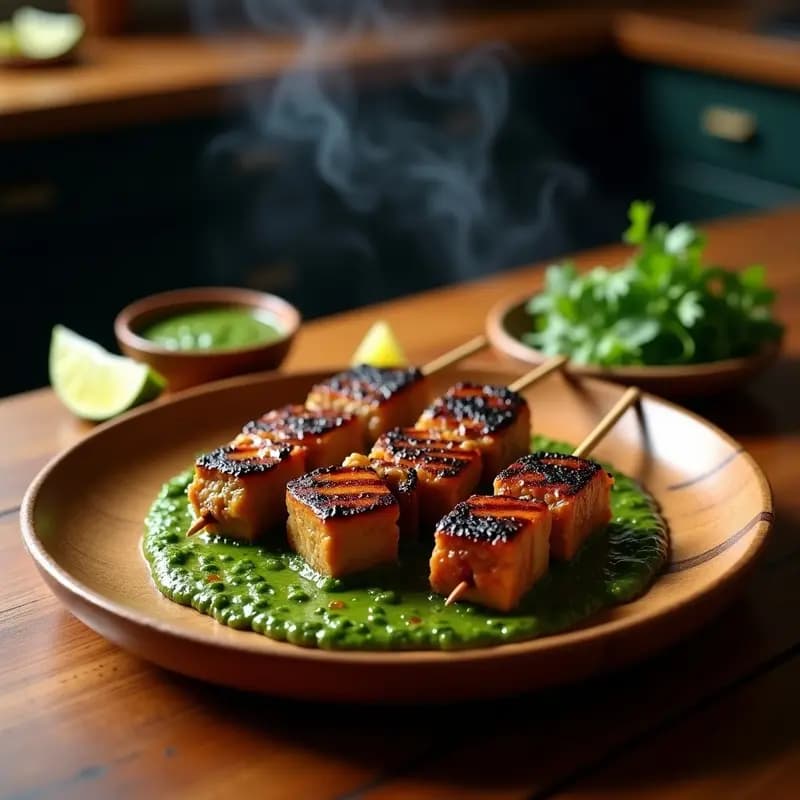 Brochetas de anticuchos de corazón de res asados a la parrilla, dorados y jugosos, servidos sobre un plato de madera con chimichurri de cilantro verde brillante y rodajas de limón al lado. Receta peruana alta en proteína.
