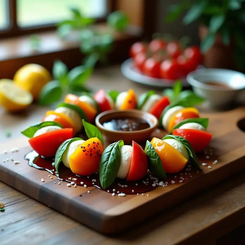 Brochetas Caprese elegantes con tomates cherry rojos, bolitas de mozzarella fresca y hojas de albahaca verde brillante, dispuestas en una bandeja de madera con un chorrito de vinagre balsámico reducido y aceite de oliva virgen extra, receta italiana rápida y sofisticada.