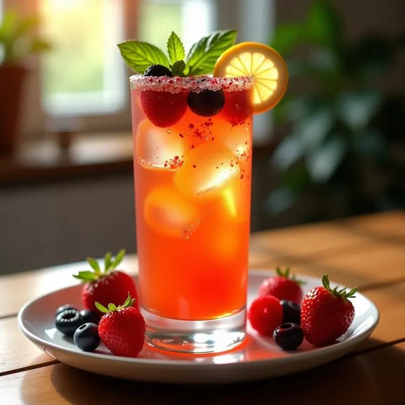 Copa alta de cristal con Aperol Spritz de color naranja vibrante, decorado con frutos rojos frescos, hojas de albahaca y una rodaja de limón. Burbujas visibles y hielo transparente. Fondo borroso con luz natural de verano.