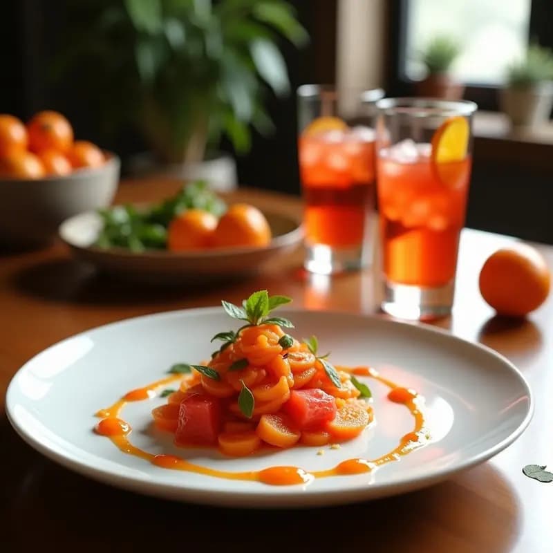Copa de cóctel transparente con Aperol Spritz con granadina y naranja sanguina, decorada con rodaja de naranja sanguina y hojas de menta, sobre fondo de terraza veraniega con luz dorada.