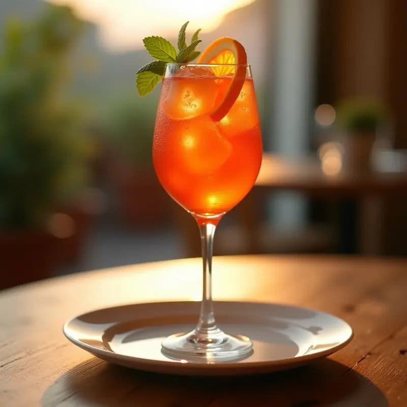 Copa de cristal alta con Aperol Spritz con naranja, decorada con rodaja de naranja y hoja de menta, sobre fondo de terraza veraniega con luz dorada.