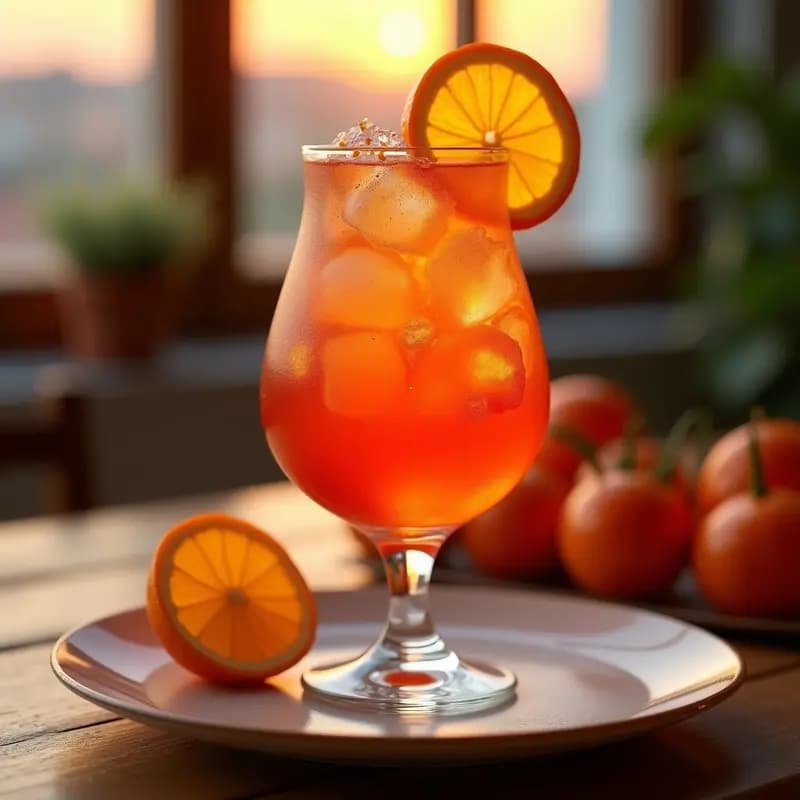 Copa de Aperol Spritz con naranja y hielo, decorada con rodaja de naranja y cáscara rallada, servida en copa balloon con fondo borroso de terraza italiana al atardecer.