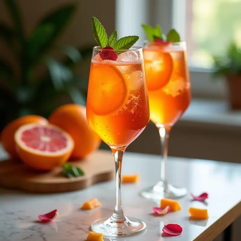 Copa alta de cristal con Aperol Spritz sin alcohol, llenas de hielo y decoradas con rodaja de pomelo rosa, hoja de albahaca y ramita de romero. Líquido de color naranja vibrante con burbujas, sobre fondo de terraza con luz natural.