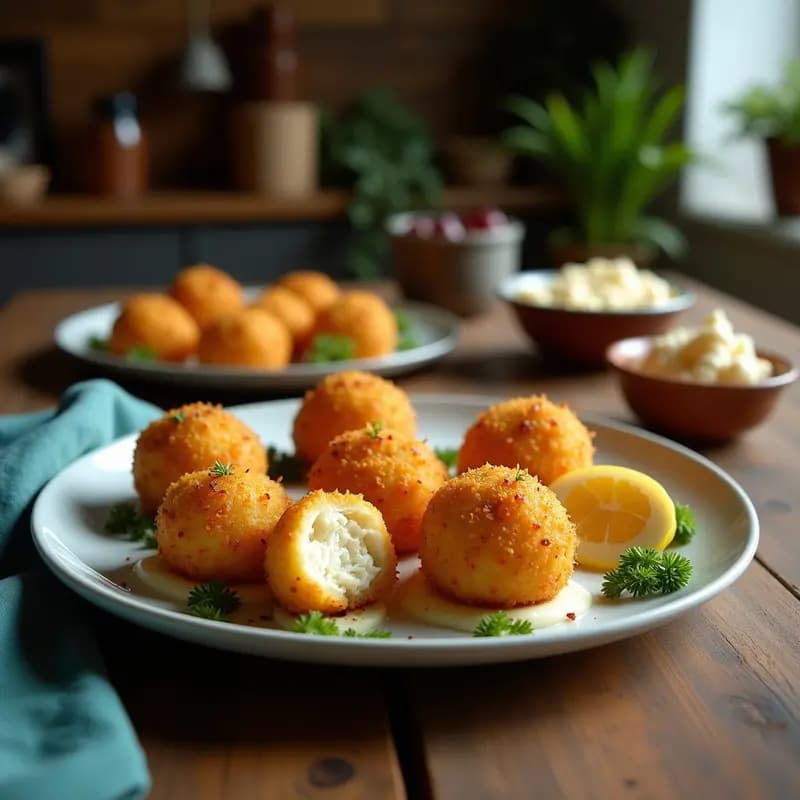 Arancini de calabaza y queso azul dorados y crujientes sobre papel de horno, con trozos de queso azul derritiéndose en el interior, acompañados de una reducción de vinagre balsámico.