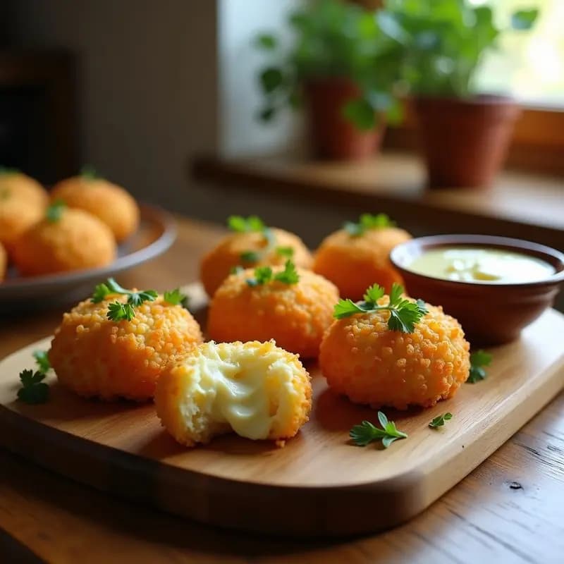 Arancini de coliflor y queso de anacardos dorados y crujientes en Airfryer, servidos en una fuente de madera con salsa de queso de anacardos cremosa y perejil fresco picado, receta vegana italiana.