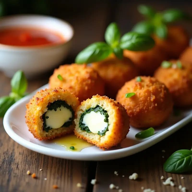 Arancini de espinacas y mozzarella al horno dorados y crujientes, servidos en una fuente de cerámica blanca con salsa de tomate casera espesa y albahaca fresca. Plato italiano de croquetas al horno con relleno fundido.