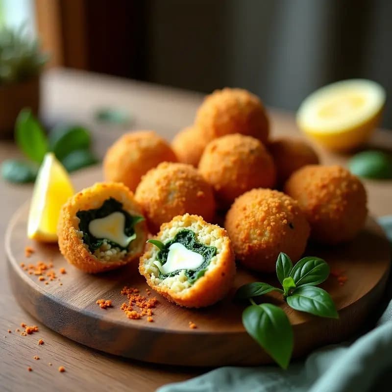 Arancini de espinacas y queso vegano dorados y crujientes en una fuente de madera, con un fondo de hierbas frescas y limones cortados, receta italiana en airfryer.
