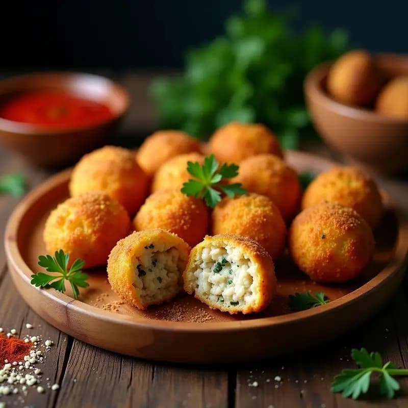 Bandeja de arancini de hongos portobello y queso vegano al horno, dorados y crujientes, con perejil fresco espolvoreado y salsa de tomate al lado, sobre fondo rústico de madera.
