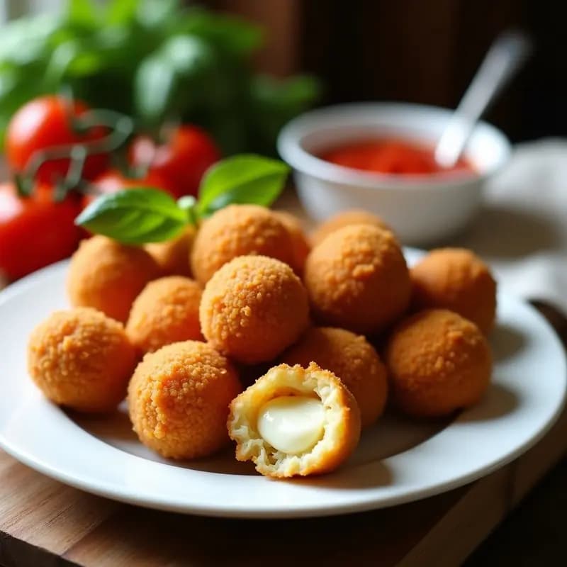 Arancini de riso al pomodoro con mozzarella dorados en airfryer, servidos en plato blanco con salsa pomodoro reducida y hojas de albahaca fresca.