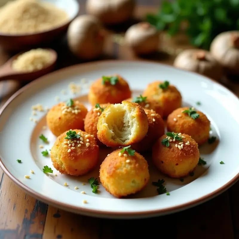Arancini de quinoa y champiñones dorados y crujientes sobre un plato de cerámica blanca, con semillas de sésamo visibles y perejil fresco espolvoreado. Fondo rústico con ingredientes de la receta: champiñones portobello, quinoa y especias.