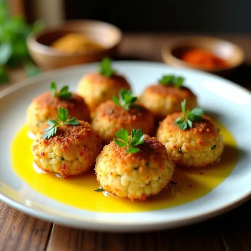 Arancini dorados y crujientes de quinoa y espárragos trigueros servidos en plato blanco, bañados con salsa de azafrán dorada y decorados con perejil fresco. Receta italiana en airfryer sin gluten.