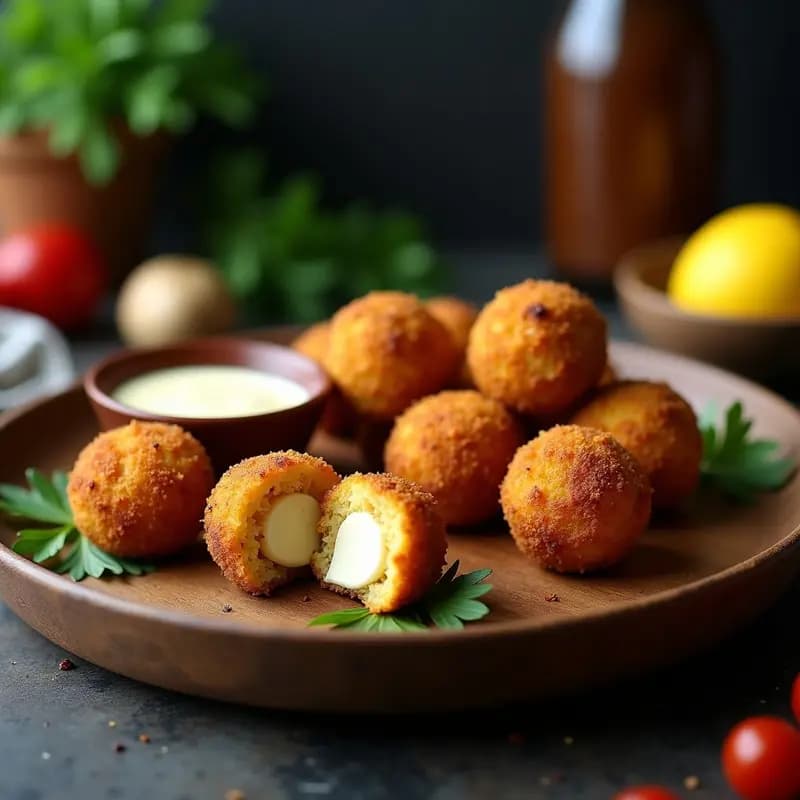 Arancini de quinoa y hongos shiitake dorados y crujientes, servidos en un plato de madera rústico con hojas de perejil fresco y una salsa cremosa de tahini al lado. Receta vegana y sin gluten preparada en Airfryer.
