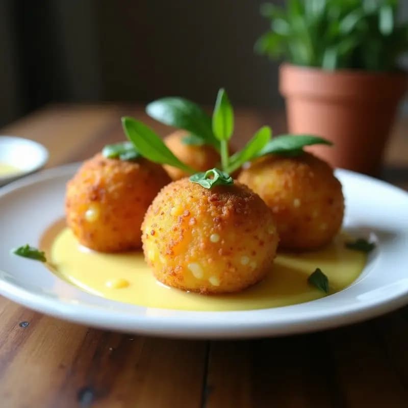 Arancini de risotto de azafrán y champiñones porcini dorados y crujientes en freidora de aire, servidos sobre plato blanco con salsa cremosa y decoración de hojas verdes, receta italiana gourmet.