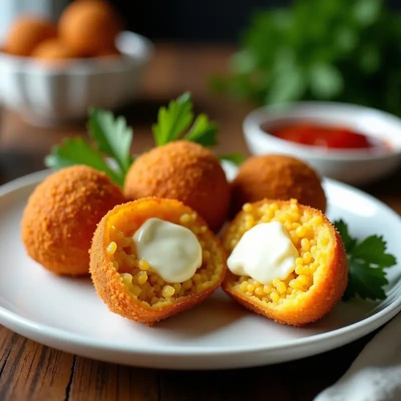 Arancini dorados y crujientes de risotto de azafrán con corazón fundido de mozzarella, servidos en plato blanco sobre fondo rústico, receta italiana en airfryer sin aceite.
