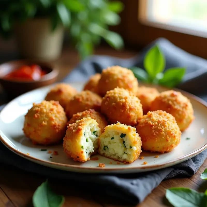 Arancini dorados y crujientes de risotto de calabacín y queso pecorino servidos en un plato blanco rústico, con virutas de queso pecorino y perejil fresco por encima. Receta siciliana en airfryer.