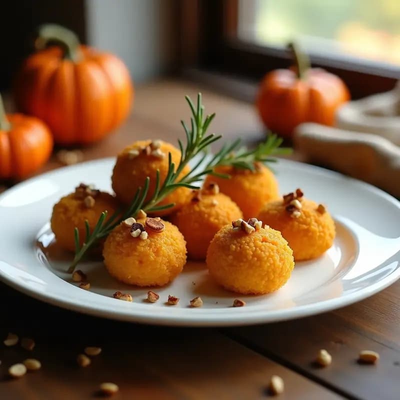 Arancini de risotto de calabaza dorados y crujientes en una fuente de cerámica blanca, con hierbas frescas y un fondo rústico de madera, receta sin gluten en airfryer.