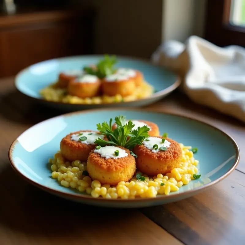 Arancini de risotto de calabaza y queso gorgonzola dorados y crujientes sobre una bandeja de madera, con el centro fundido visible en uno corto por la mitad, acompañados de hojas de salvia fresca y un cuenco de salsa al lado.