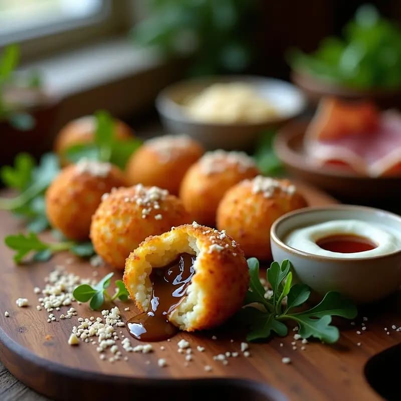 Arancini dorados y crujientes de risotto de champiñones con centro líquido de queso trufado, servidos en tabla de madera rústica con salsa de yoghurt y reducción balsámica, receta italiana gourmet.