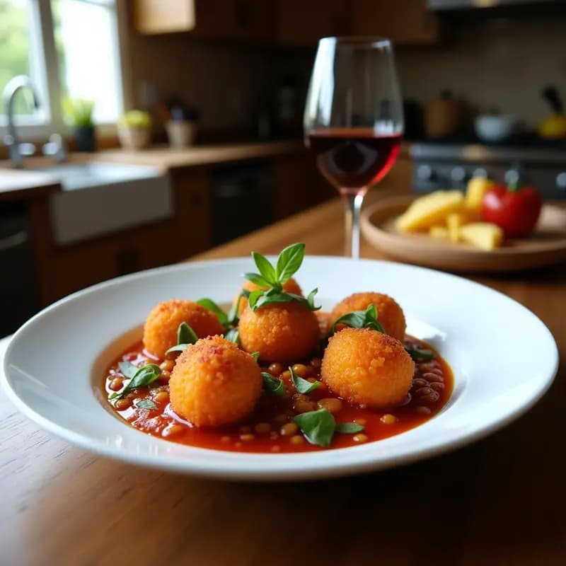 Arancini de risotto al vino tinto dorados y crujientes, cortados por la mitad para mostrar el corazón fundido de queso taleggio, servidos en un plato de madera rústico con hojas de salvia y un chorrito de reducción de vino tinto.