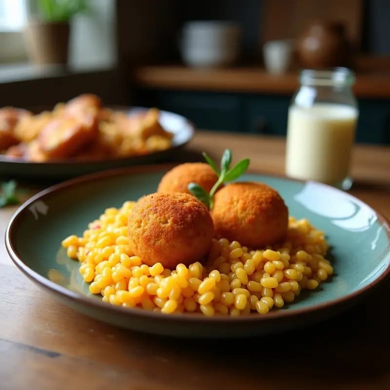 Arancini sicilianos de risotto de calabaza sin lácteos, dorados y crujientes, servidos en una fuente de cerámica blanca con salsa de yogur de soja y semillas de calabaza espolvoreadas. Plato otoñal con fondo rústico.