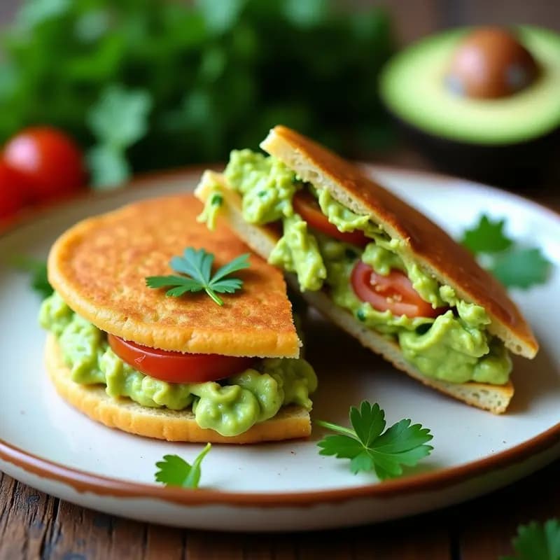 Arepa de avena y linaza dorada rellena de guacamole cremoso con trozos de tomate y cilantro fresco, servida en un plato de cerámica blanca con fondos de hojas verdes.