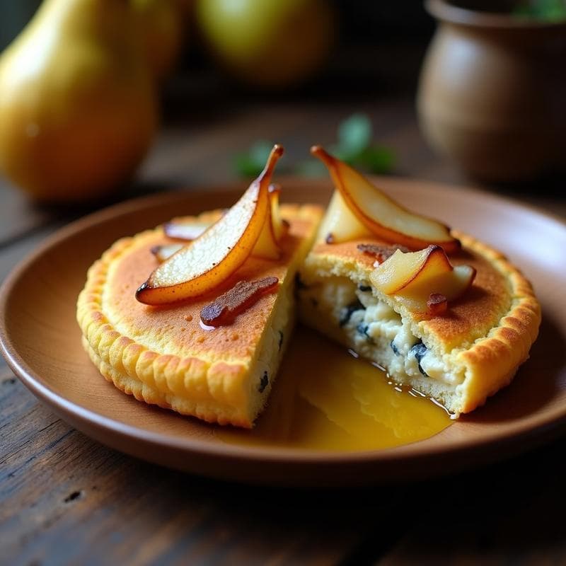 Arepa de harina de centeno dorada y crujiente abierta por la mitad, rellena de queso azul desmenuzado y láminas de pera caramelizada con canela, sobre un plato de madera rústico.