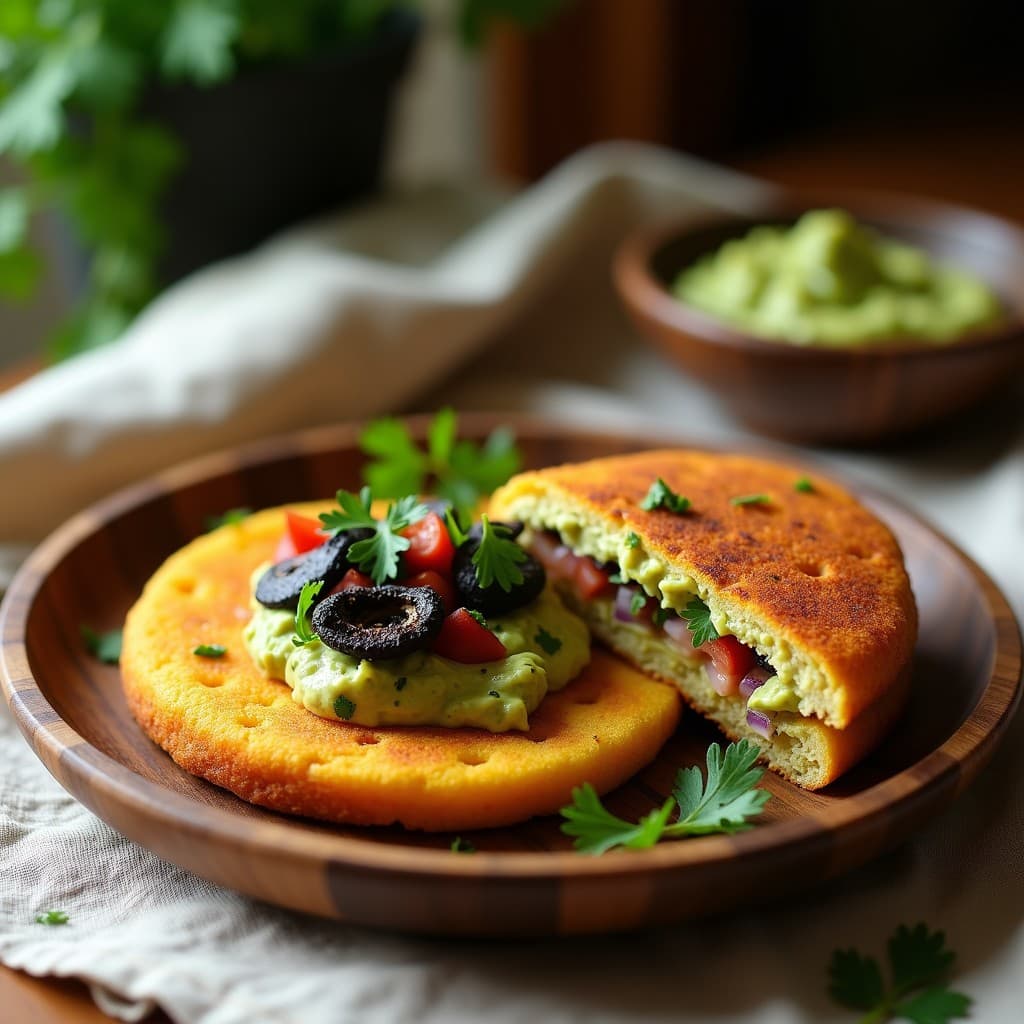 Arepa dorada y crujiente de chía y ñame abierta por la mitad, rellena de guacamole cremoso y hongo hoyo negro salteado, decorada con hojas de cilantro fresco sobre un plato de madera rústico.