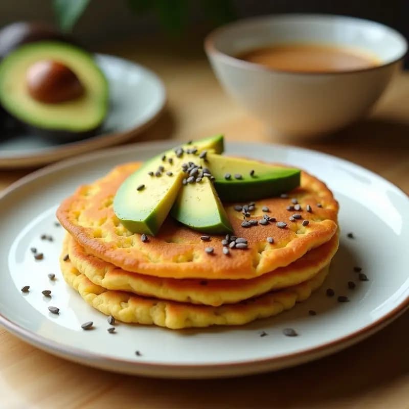 Arepa dorada y esponjosa de chía y plátano maduro keto, servida en un plato de cerámica blanca con rodajas de aguacate y semillas de chía espolvoreadas, desayuno colombiano sin harina.