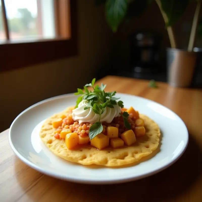 Arepa dorada de chía y harina de plátano cortada por la mitad, rellena de guasacaca cremosa de aguacate, cilantro y especias. Plato típico venezolano sin gluten, servido en un plato de madera rústico con fondo de cocina tradicional.