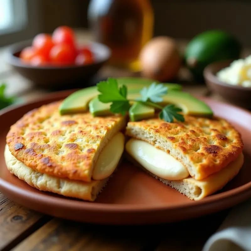 Arepa dorada y crujiente rellena de queso de almendras cremoso, acompañada de láminas de aguacate y cilantro fresco sobre un plato de barro rústico. Desayuno venezolano sin gluten y vegano.