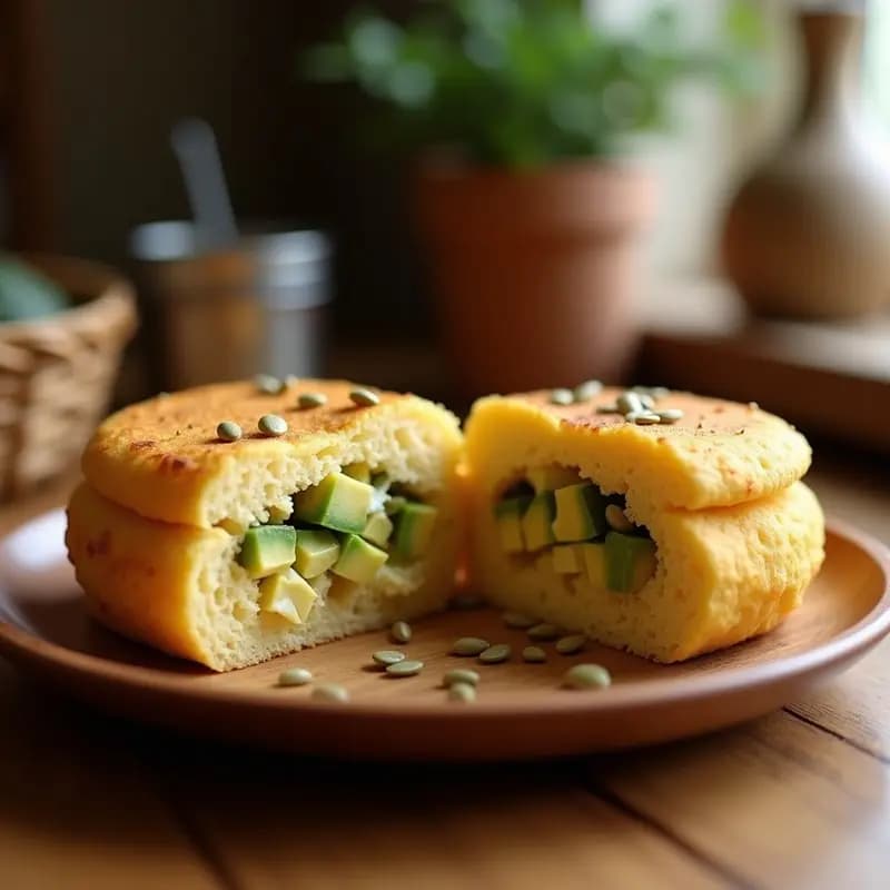 Arepa dorada y esponjosa de chía y queso de anacardo, cortada por la mitad rellena de aguacate en cubos y semillas de girasol, sobre un plato de madera rústico con fondo de cocina venezonalna tradicional.