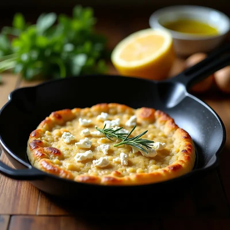 Arepa dorada y crujiente de chía y queso feta en sartén antiadherente, con trozos de queso fundido asomando por los bordes, acompañada de perejil fresco y rodajas de limón, receta fusion colombiano-griega.