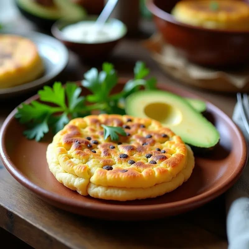 Arepa dorada y crujiente de chía y queso fresco sobre bandeja de madera, con textura esponjosa en el interior, acompañada de rodajas de aguacate y tomate cherry. Receta colombiana sin harina de maíz.