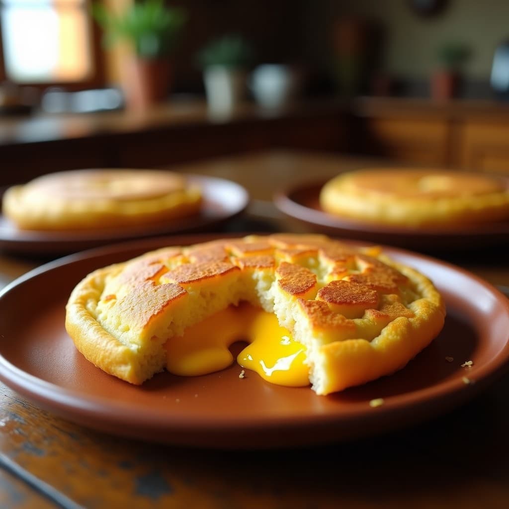 Arepa dorada y crujiente de chicha de arroz rellena de queso guayanés fundido, servida en un plato de barro con fondo borroso de cocina tradicional venezolana.