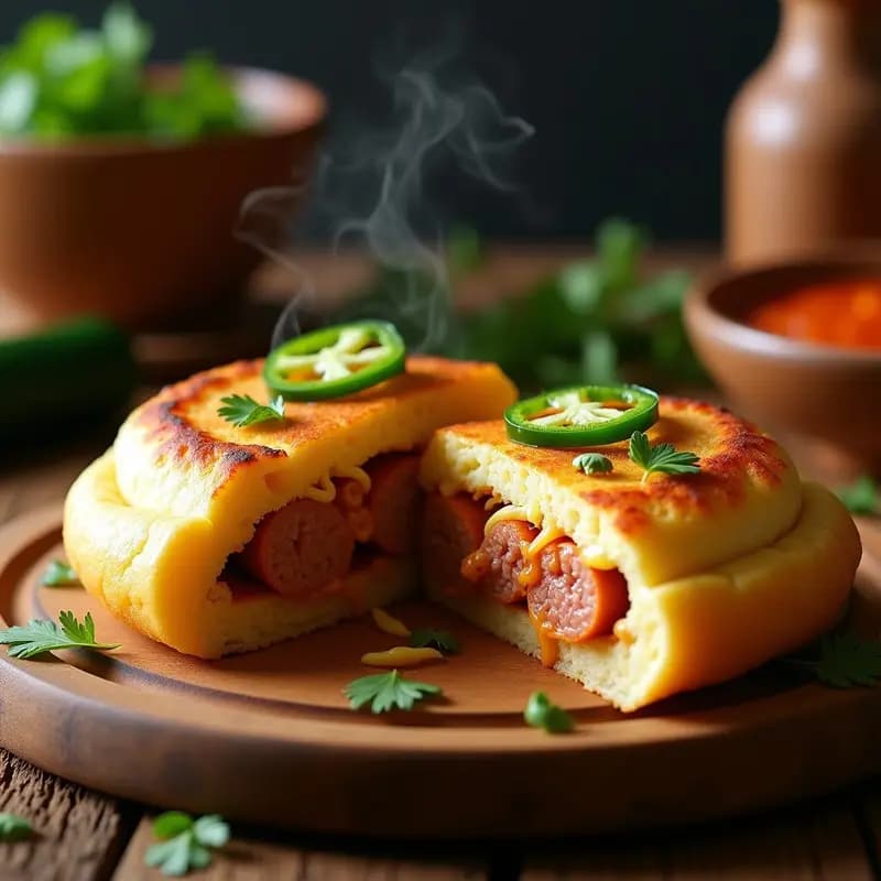 Arepa de chile relleno de queso y chorizo colombiana picante en sartén, dorada por fuera con relleno fundido y especiado, acompañada de cilantro fresco.