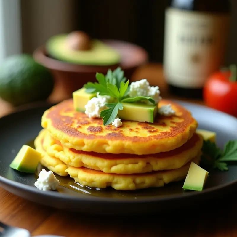 Arepa de choclo dorada y crujiente en airfryer, rellena de trozos de queso de cabra desmenuzado, servida sobre un plato de barro con aguacate y cilantro fresco. Receta venezolana sin harina.