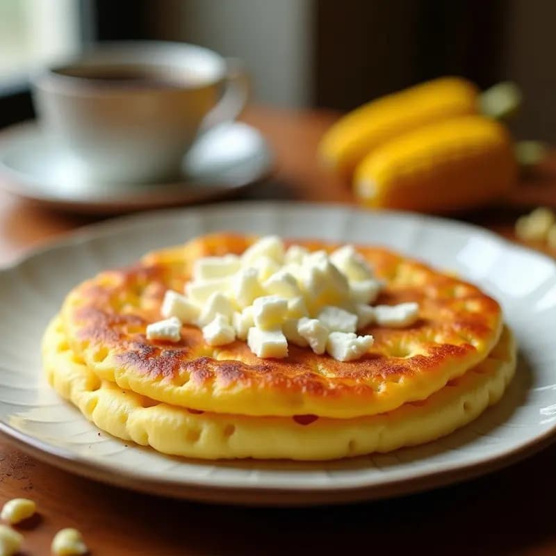 Arepa de choclo con queso fresco dorada por fuera, esponjosa por dentro, con trozos de queso desmenuzado derritiéndose, servida en plato blanco rústico sobre fondo de madera. Desayuno venezolano tradicional en sartén antiadherente.
