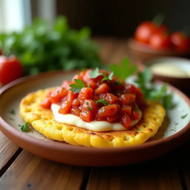 Arepa dorada de choclo con queso fresco derretido y hogao espeso por encima, servida en plato de barro rústico con fondo de cocina tradicional venezolana.