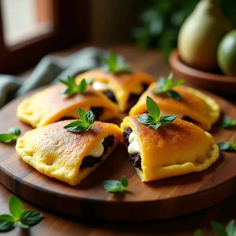 Arepa de choclo dorada y crujiente rellena de queso quesadilla derretido y huitlacoche, con hojas de epazote frescas. Plato gourmet mexicano con textura umami y dulce, servido en tabla de madera rústica.