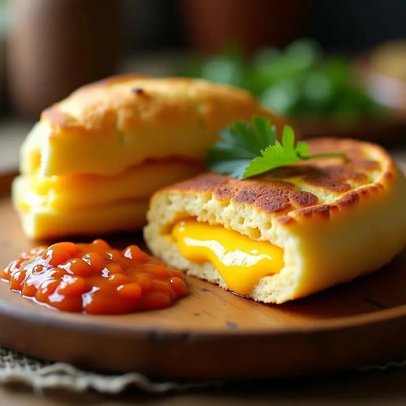 Arepa dorada y crujiente de choclo y queso de oveja, cortada por la mitad mostrando su interior esponjoso con trozos de queso derretido. Acompañada de hojas de cilantro fresco y rodajas de aguacate sobre un plato de barro rústico, con fondo de cocina tradicional venezolana.