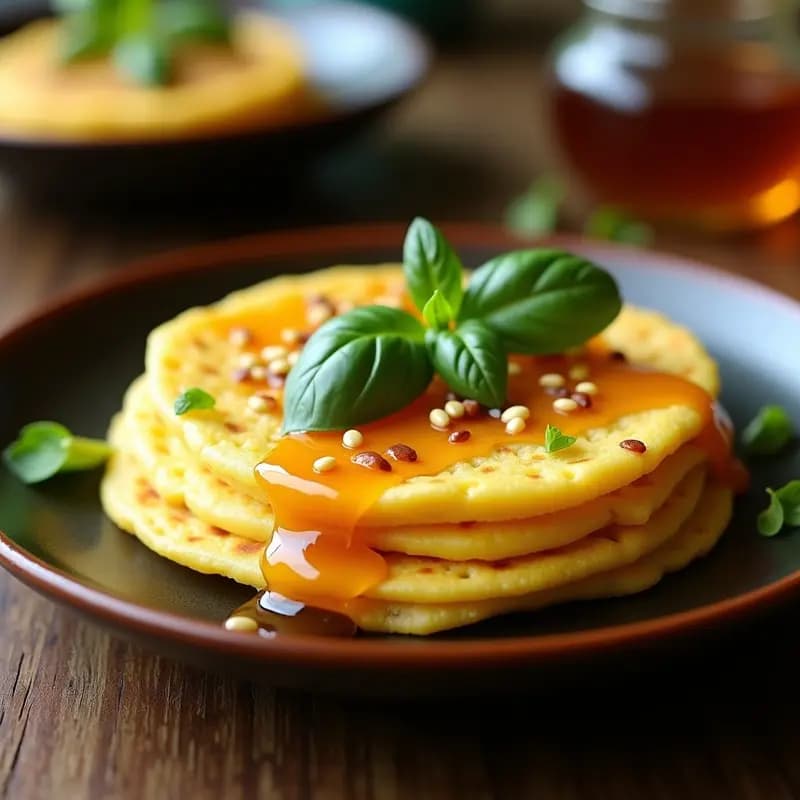 Arepa dorada de choclo con queso Telita derretido y hojitas de albahaca fresca, glaseada con miel de caña y semillas de sésamo, servida en plato rústico de barro con fondo de madera.