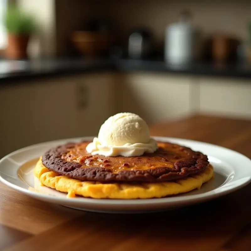 Arepa colombiana de chocolate oscuro con queso campesino derretido en su interior, cortada por la mitad y servida con una bola de helado de vainilla cremoso, rociada con miel de abeja y cacao en polvo, sobre un plato rústico de barro.